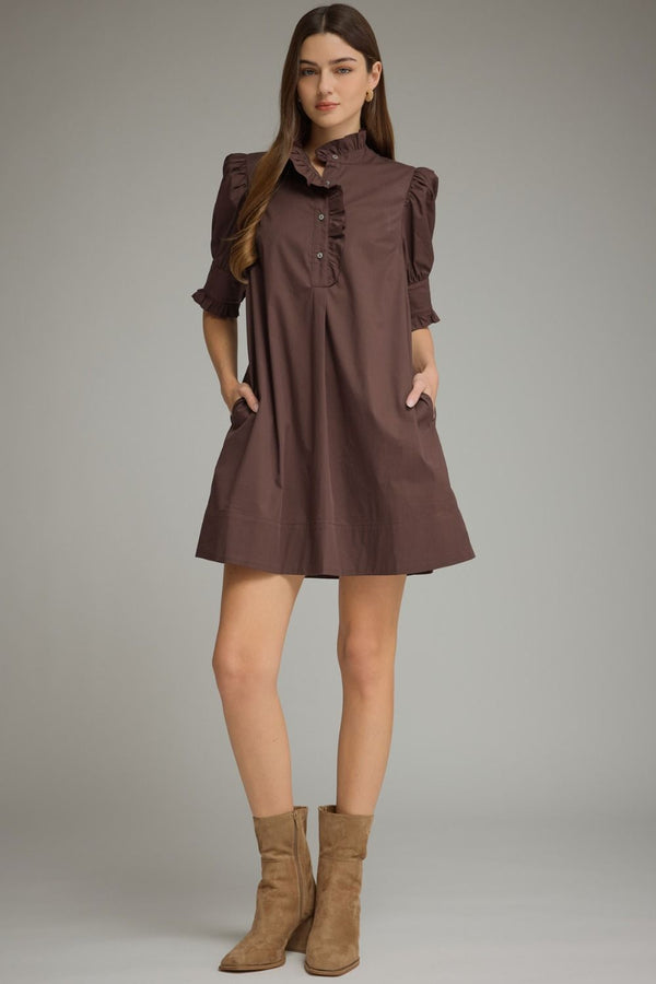 Solid Puff Sleeve Ruffle Dress- Brown