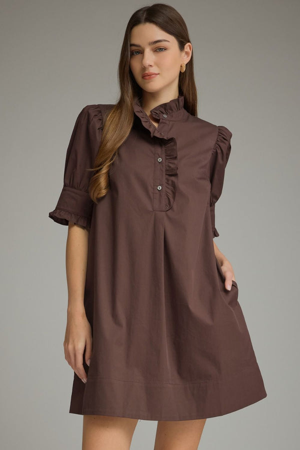 Solid Puff Sleeve Ruffle Dress- Brown