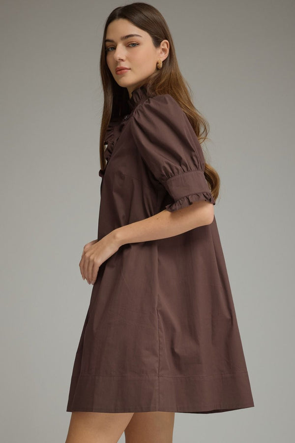 Solid Puff Sleeve Ruffle Dress- Brown
