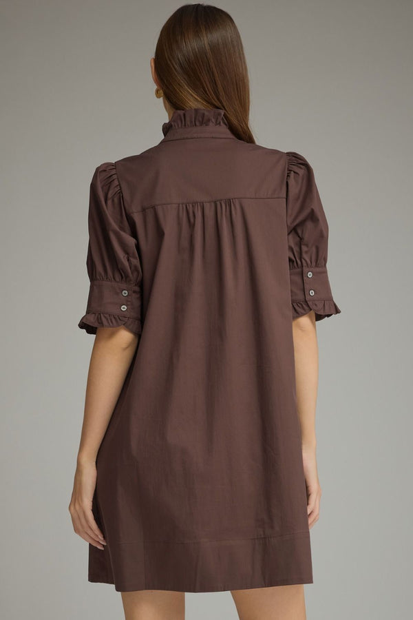 Solid Puff Sleeve Ruffle Dress- Brown