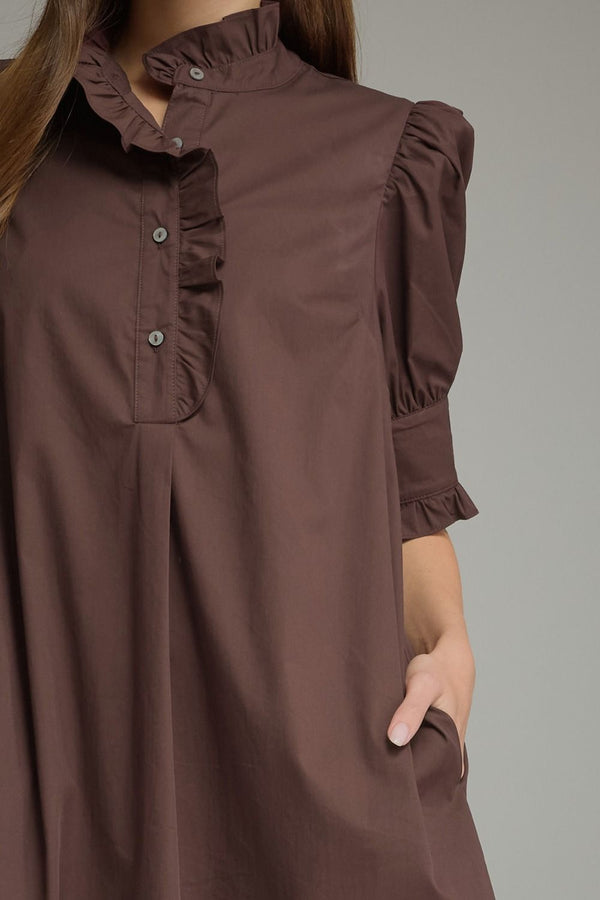 Solid Puff Sleeve Ruffle Dress- Brown