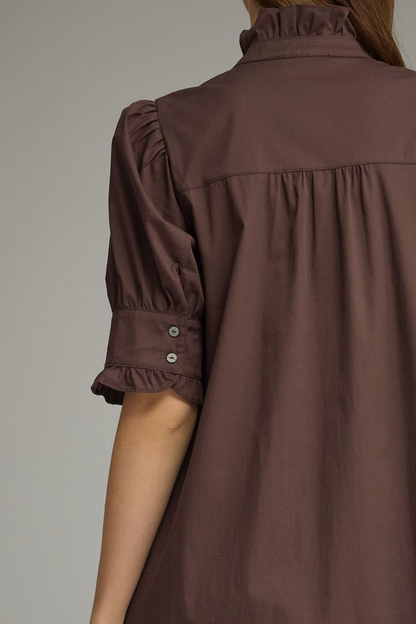 Solid Puff Sleeve Ruffle Dress- Brown