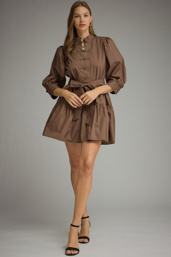 Solid ¾ Balloon Sleeve Dress- Brown