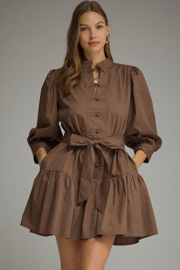Solid ¾ Balloon Sleeve Dress- Brown
