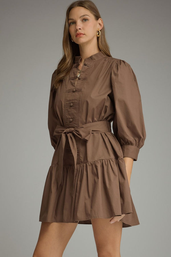 Solid ¾ Balloon Sleeve Dress- Brown