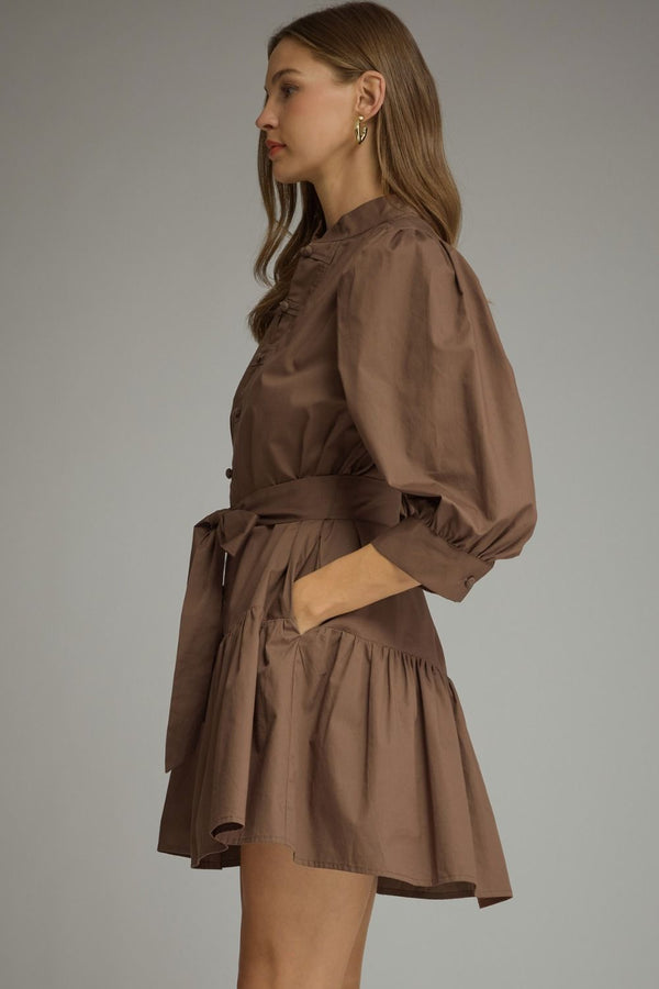 Solid ¾ Balloon Sleeve Dress- Brown