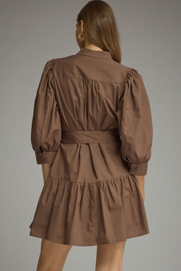 Solid ¾ Balloon Sleeve Dress- Brown