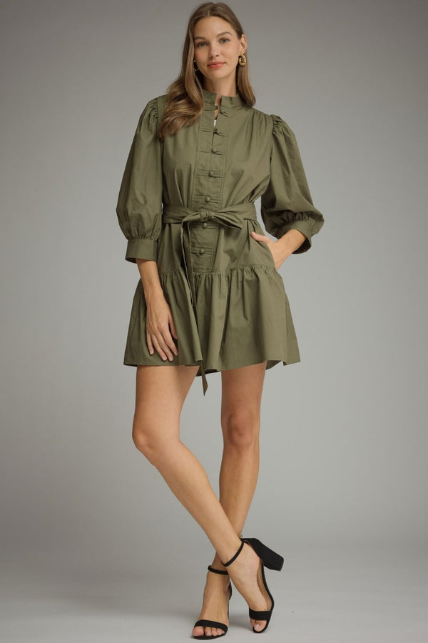 Solid ¾ Balloon Sleeve Dress- Army