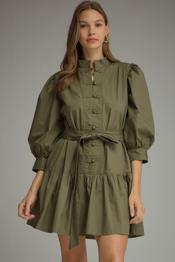 Solid ¾ Balloon Sleeve Dress- Army
