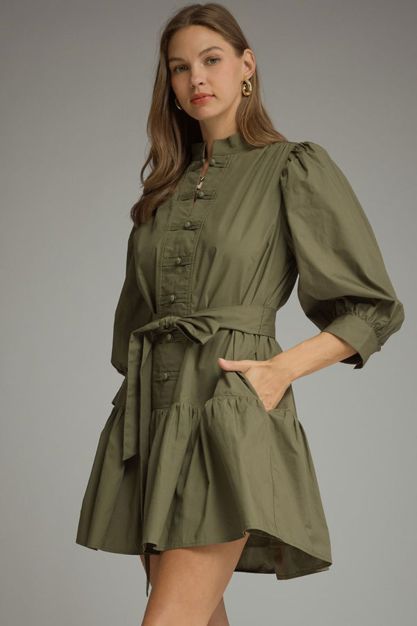 Solid ¾ Balloon Sleeve Dress- Army