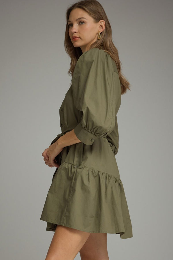 Solid ¾ Balloon Sleeve Dress- Army