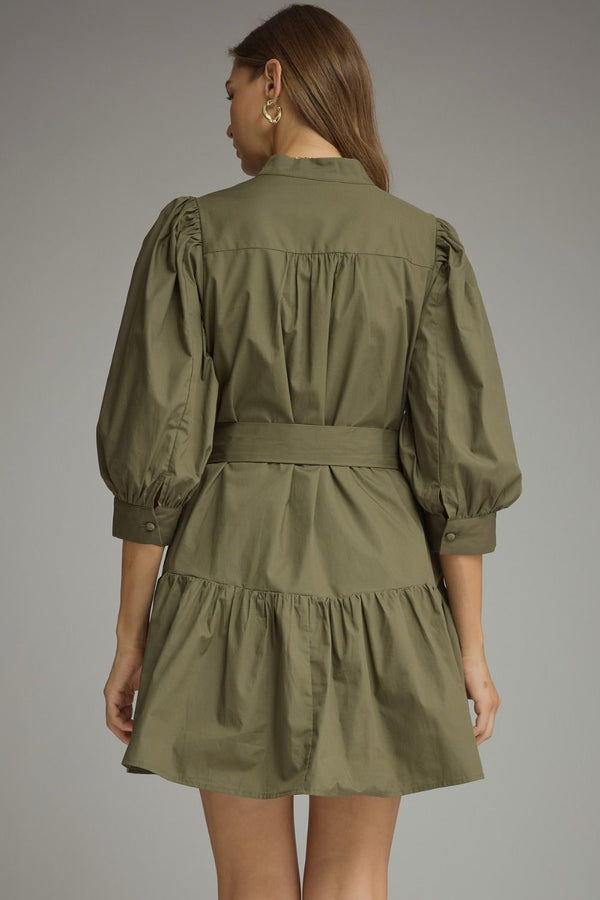 Solid ¾ Balloon Sleeve Dress- Army
