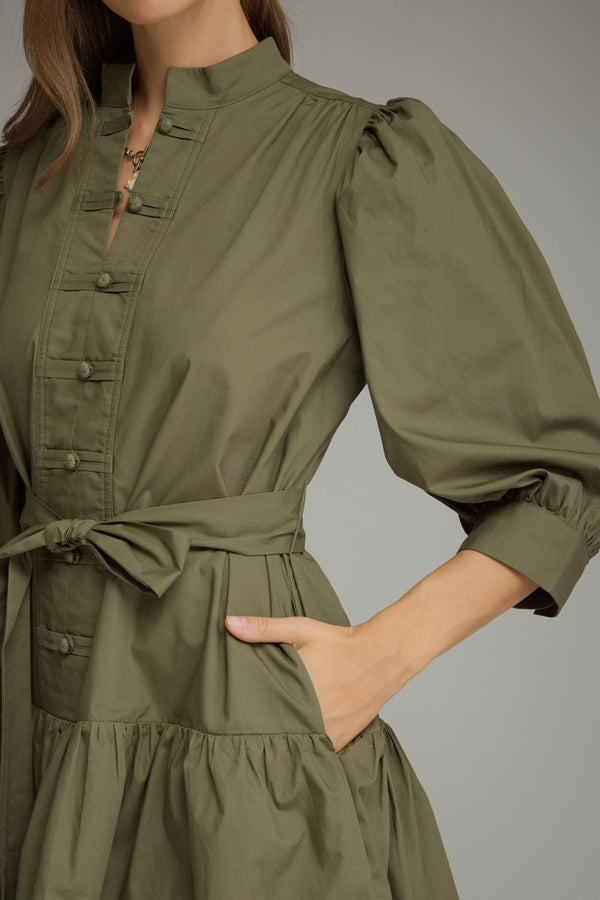 Solid ¾ Balloon Sleeve Dress- Army