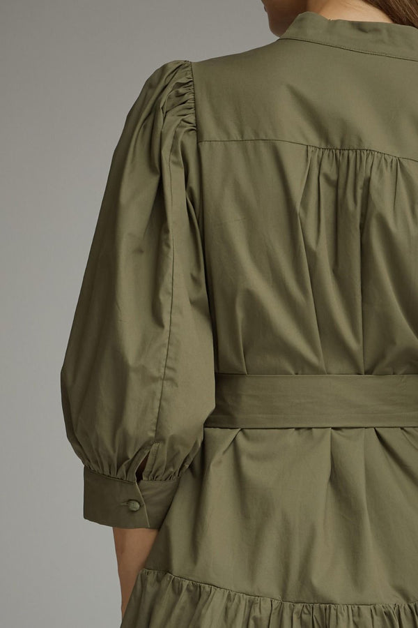 Solid ¾ Balloon Sleeve Dress- Army
