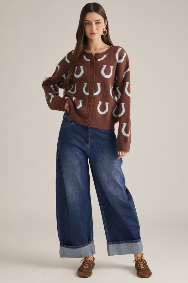 Horseshoe Pattern Sweater Cardigan- Brown