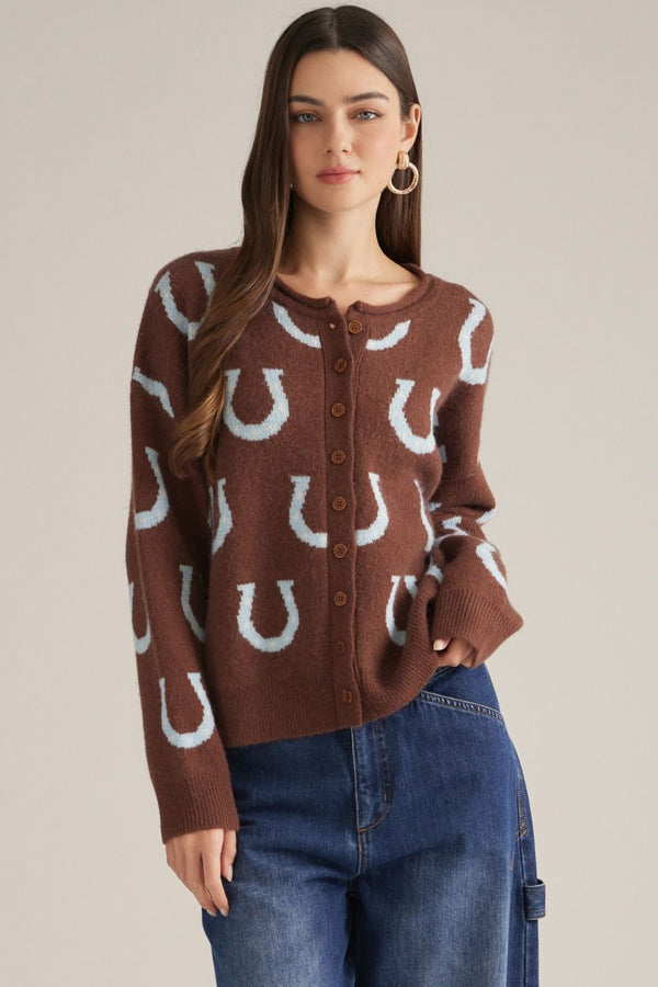 Horseshoe Pattern Sweater Cardigan- Brown