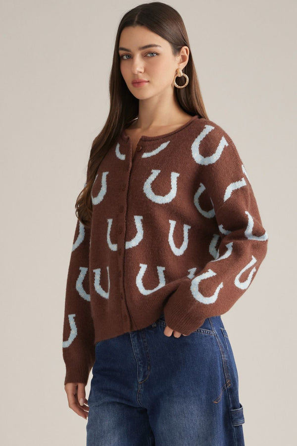 Horseshoe Pattern Sweater Cardigan- Brown