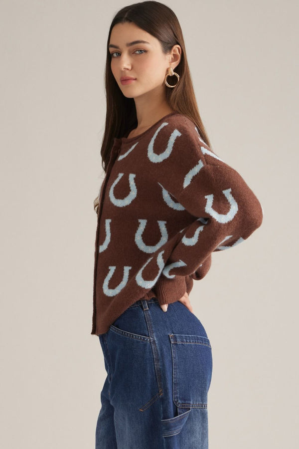 Horseshoe Pattern Sweater Cardigan- Brown