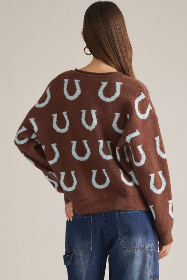 Horseshoe Pattern Sweater Cardigan- Brown
