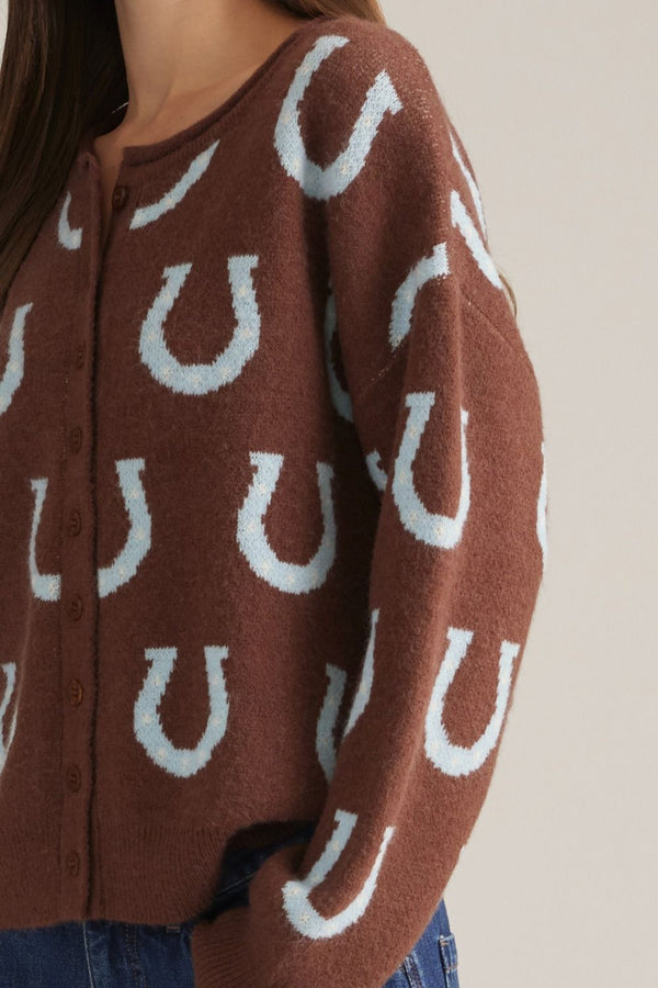 Horseshoe Pattern Sweater Cardigan- Brown