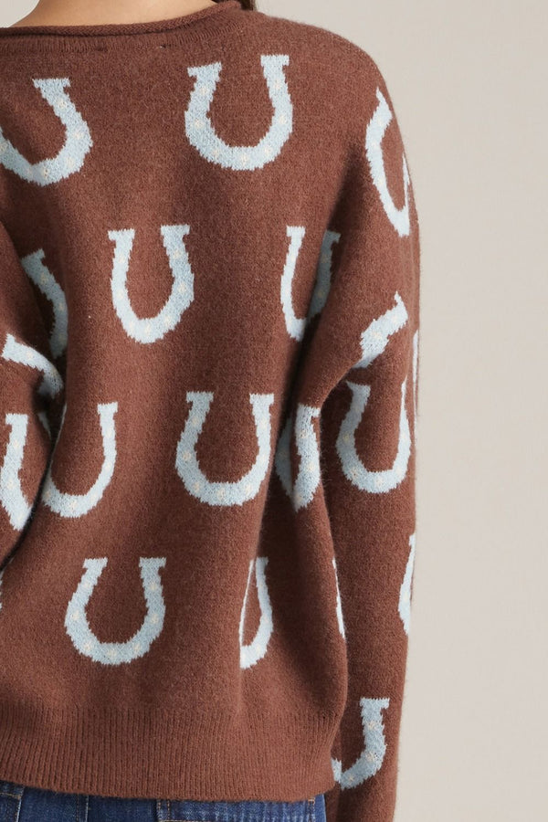 Horseshoe Pattern Sweater Cardigan- Brown