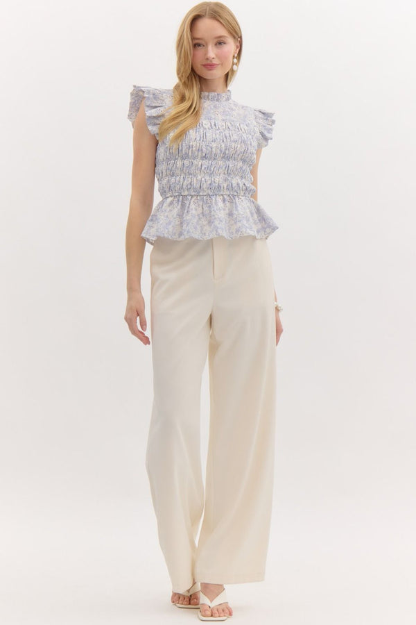 Floral Ruffle Smocked Top- Blue