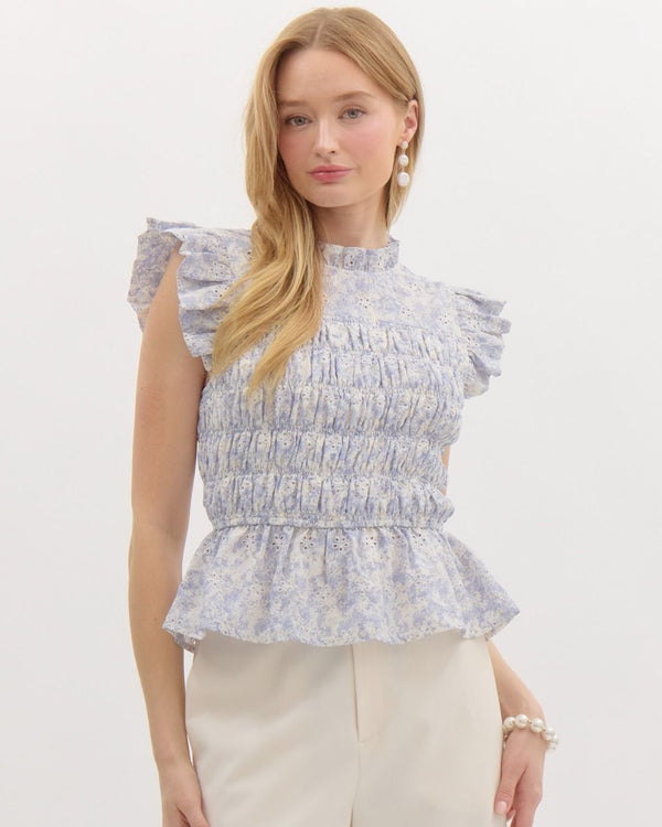 Floral Ruffle Smocked Top- Blue