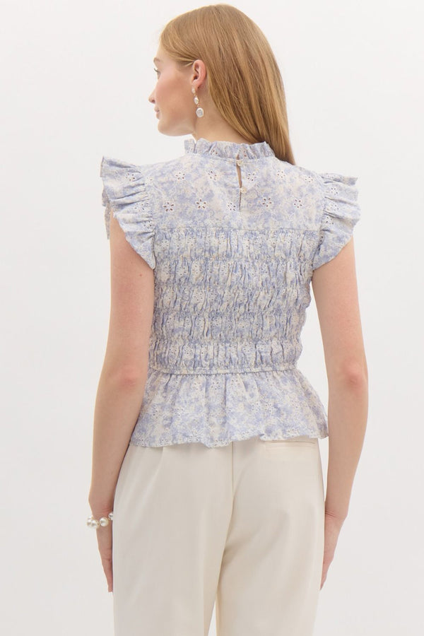 Floral Ruffle Smocked Top- Blue