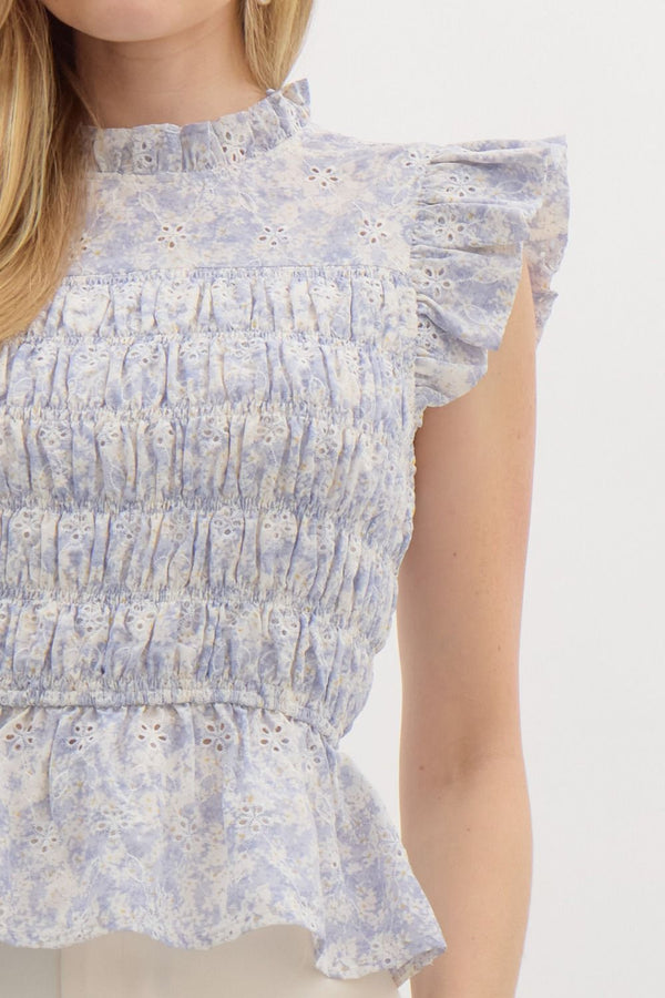 Floral Ruffle Smocked Top- Blue