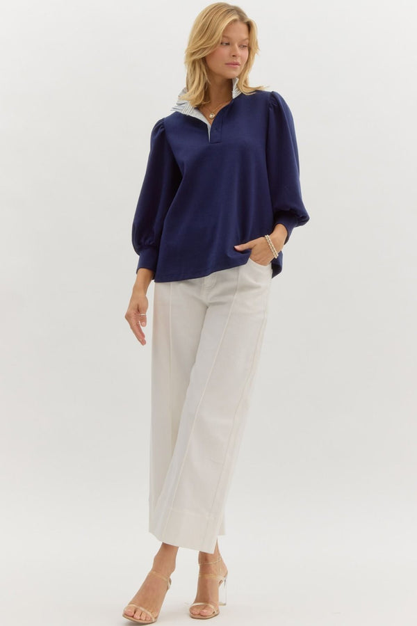 Contrast Ruffle Neck Popover Top- Navy