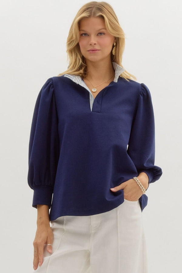 Contrast Ruffle Neck Popover Top- Navy