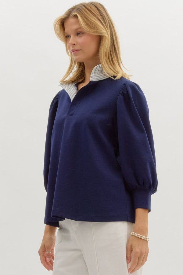 Contrast Ruffle Neck Popover Top- Navy