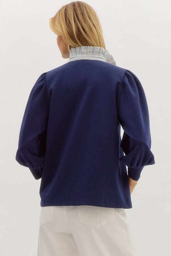 Contrast Ruffle Neck Popover Top- Navy