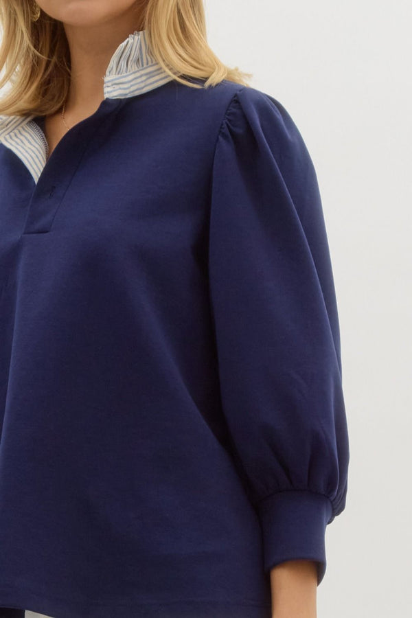 Contrast Ruffle Neck Popover Top- Navy
