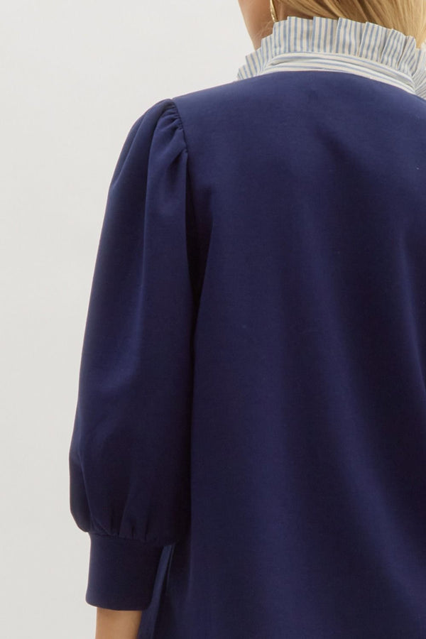 Contrast Ruffle Neck Popover Top- Navy
