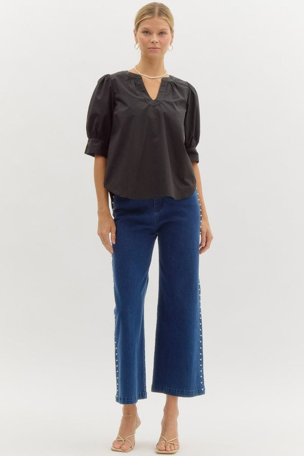 Band Collar Slit Neck Top- Black
