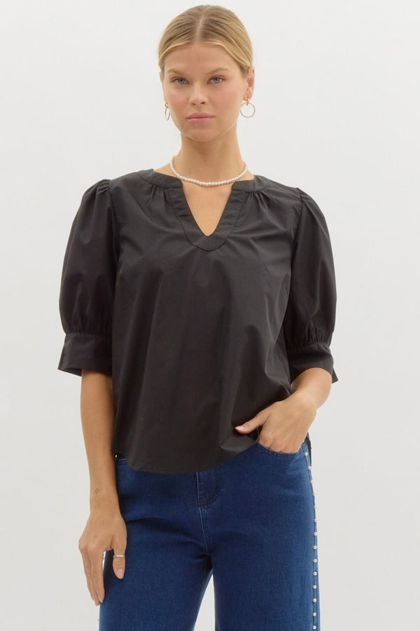 Band Collar Slit Neck Top- Black