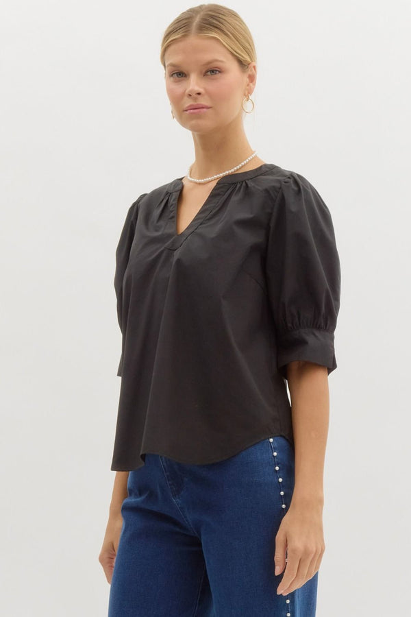 Band Collar Slit Neck Top- Black