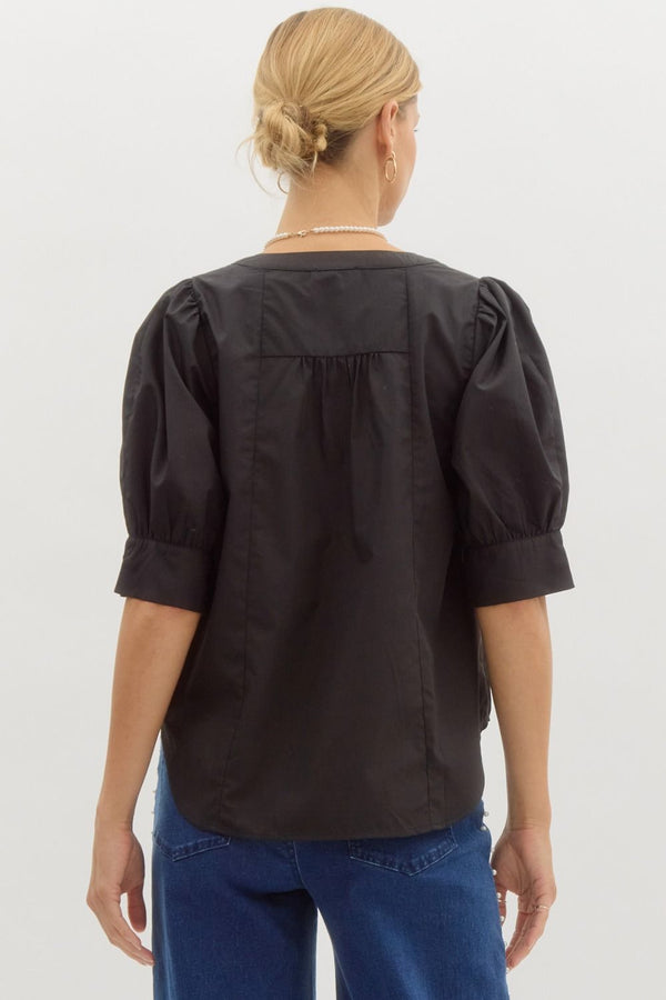 Band Collar Slit Neck Top- Black