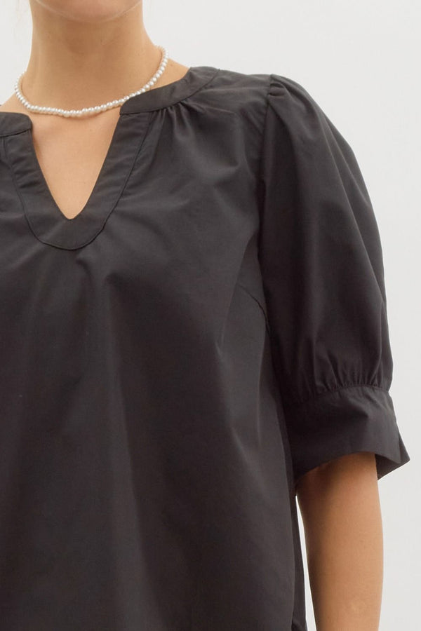 Band Collar Slit Neck Top- Black