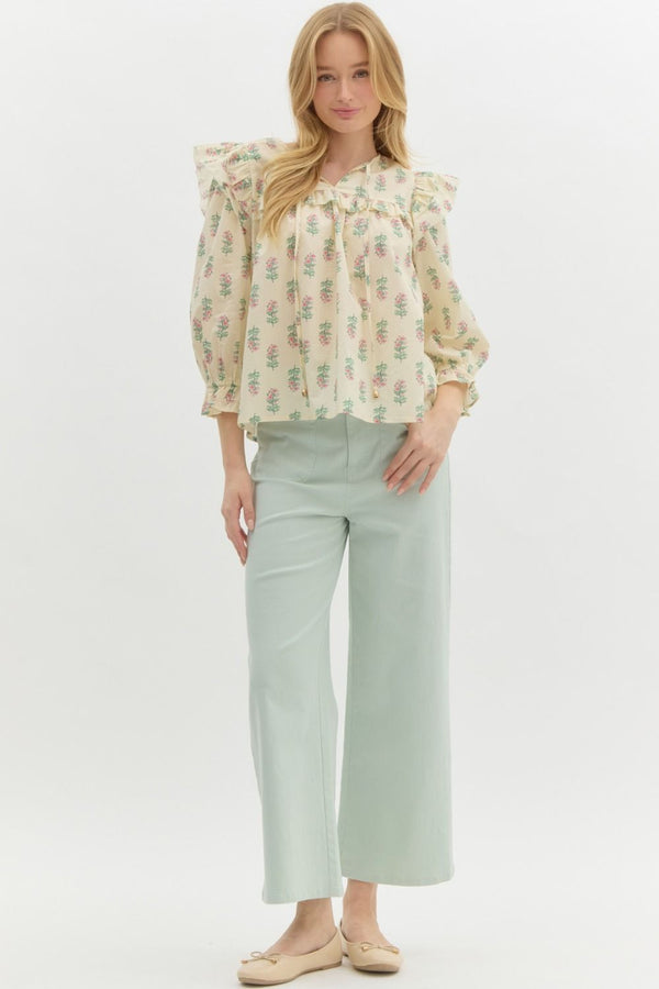 Floral Ruffle Puff Sleeve Pullover Top- Cream