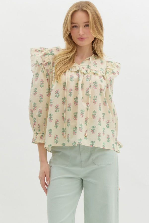 Floral Ruffle Puff Sleeve Pullover Top- Cream