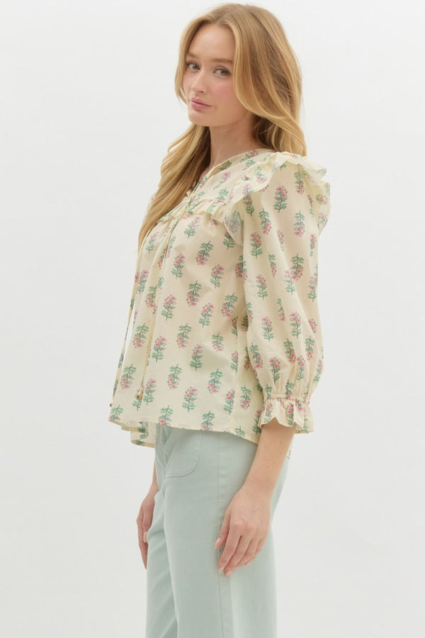 Floral Ruffle Puff Sleeve Pullover Top- Cream