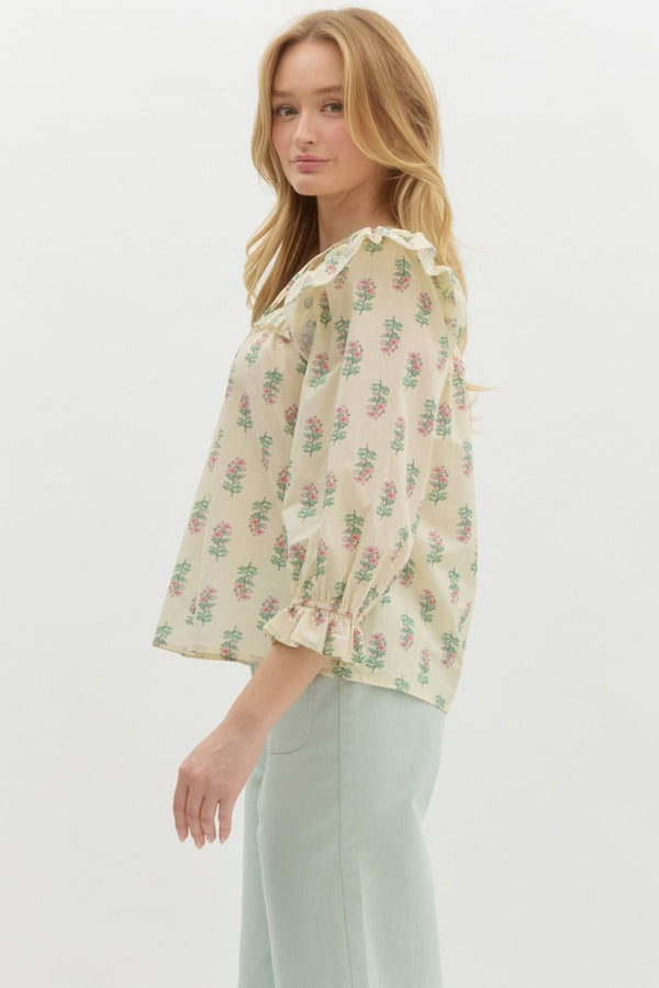 Floral Ruffle Puff Sleeve Pullover Top- Cream