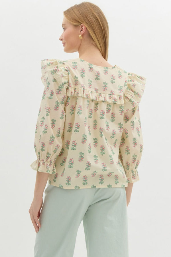 Floral Ruffle Puff Sleeve Pullover Top- Cream