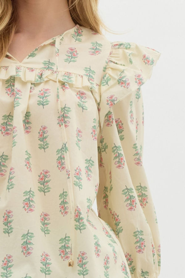 Floral Ruffle Puff Sleeve Pullover Top- Cream