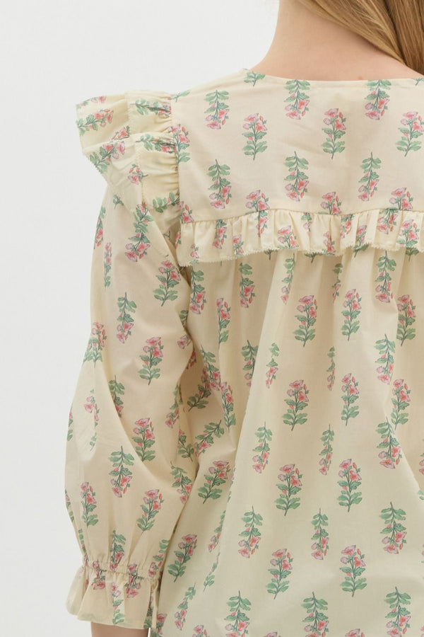 Floral Ruffle Puff Sleeve Pullover Top- Cream