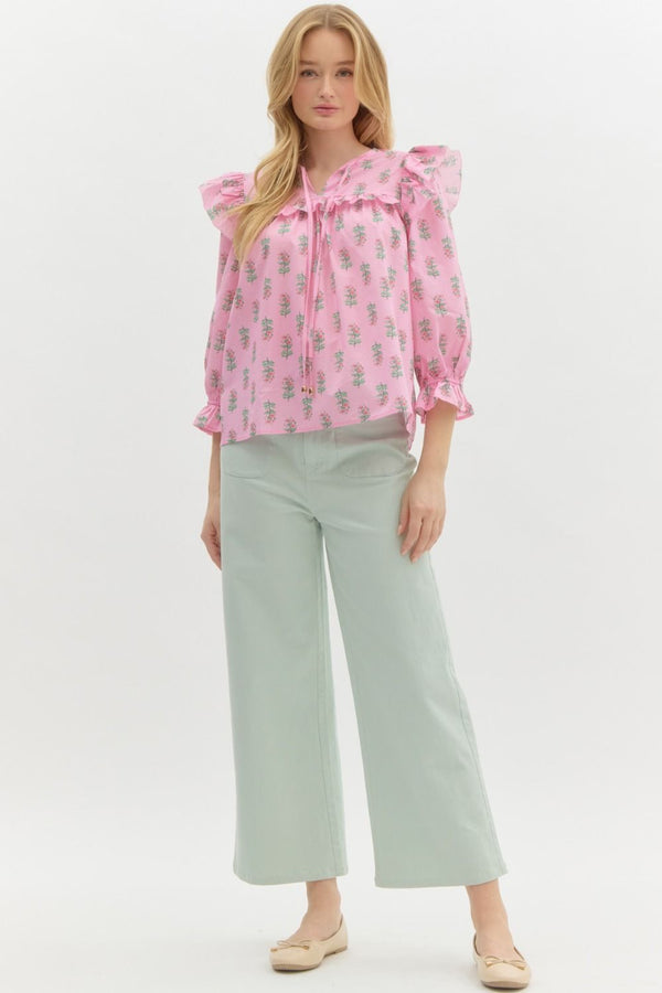 Floral Ruffle Puff Sleeve Pullover Top- Pink