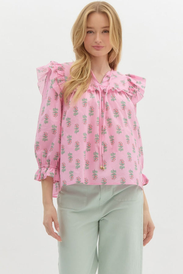 Floral Ruffle Puff Sleeve Pullover Top- Pink