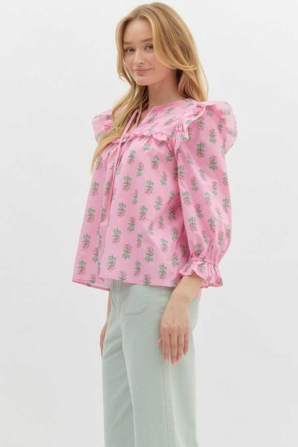 Floral Ruffle Puff Sleeve Pullover Top- Pink